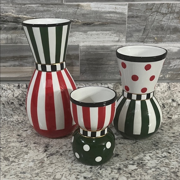 MacKenzie-Childs holiday Red & Green Ceramic Vases Set of 3